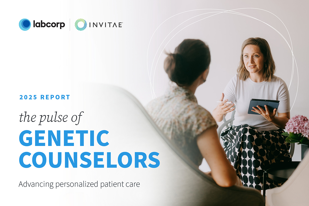 Image of two people sitting down in an office talking to each other. There is a logo lockup on the top left of invitae and labcorp. Hero text: 2025 report the Pulse of Genetic Counselors: advancing personalized patient care
