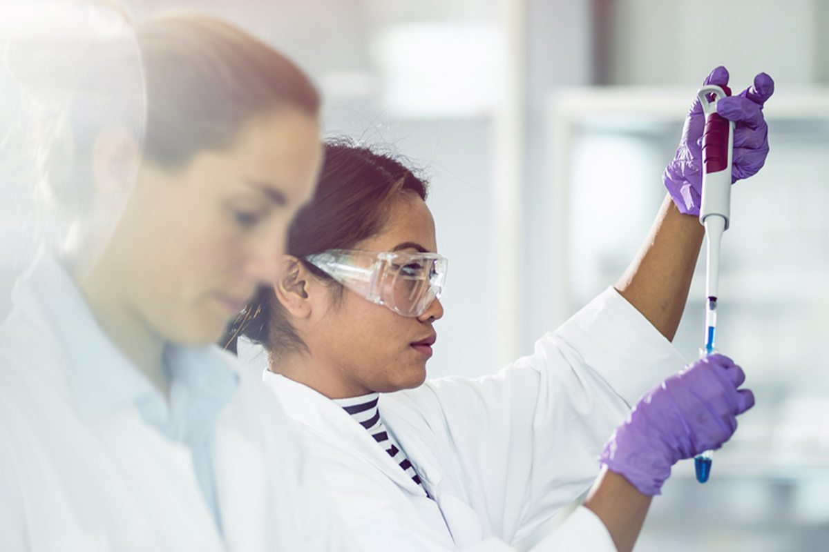 Two scientists working in a lab. One had a pipette raised